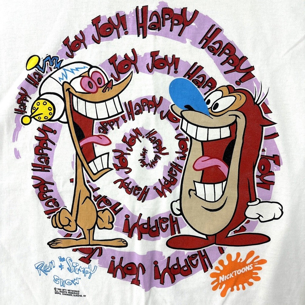 Vintage 1992 Single Stitch The Ren & Stimpy Show T-Shirt XL Happy Happy Joy Joy